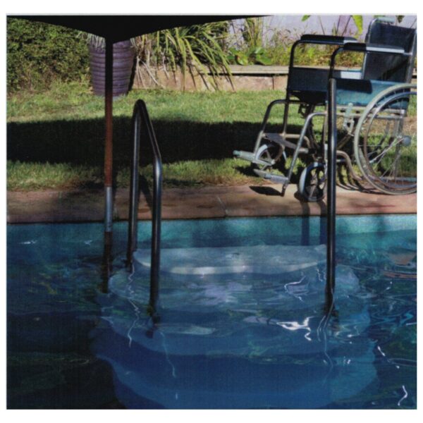 aquastairs in pool with umbrella and hand rails