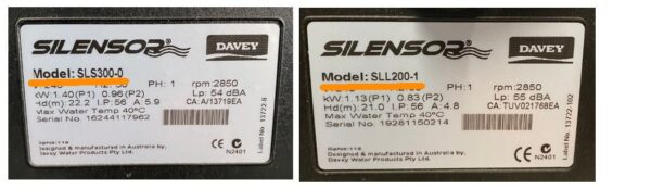 davey silensor sll and sls data plates